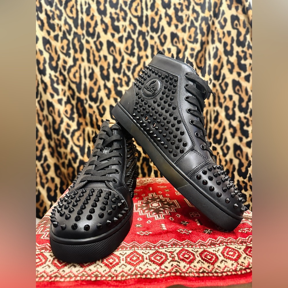 Christian Louboutin Black Leather Spiked Sneaker, Size 12.5 M, Brand New